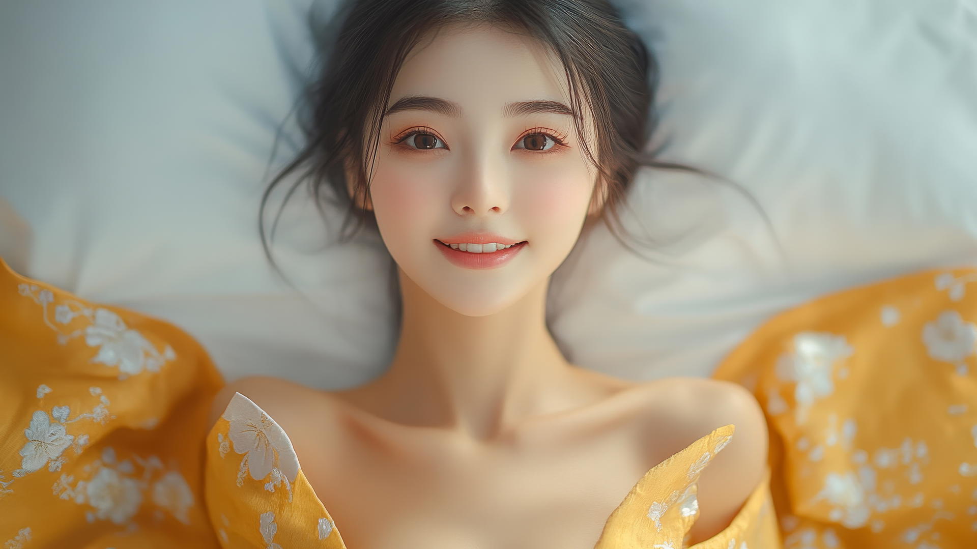 Top-down view of a smiling Vietnamese woman in an Ao Dai dress lying in bed.