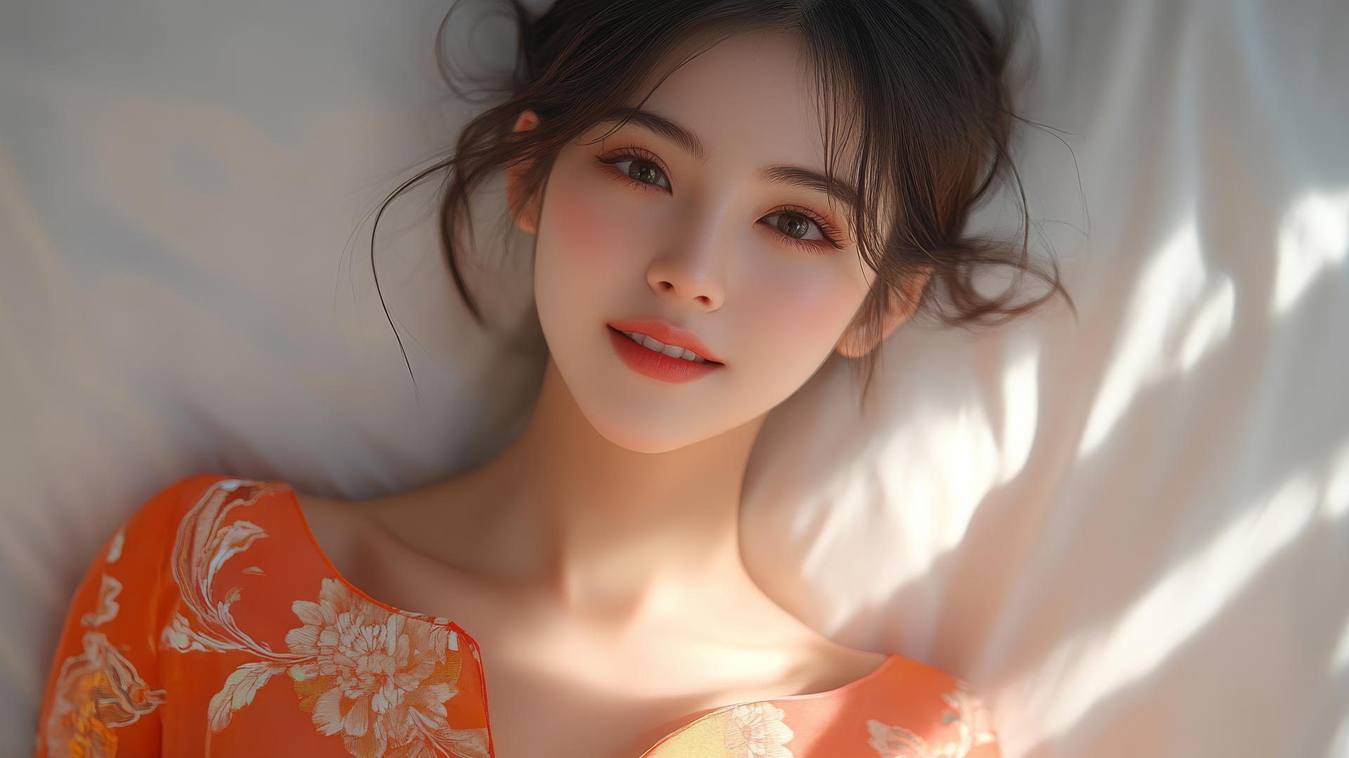 Top-down view of smiling Vietnamese woman in Ao Dai dress in bed