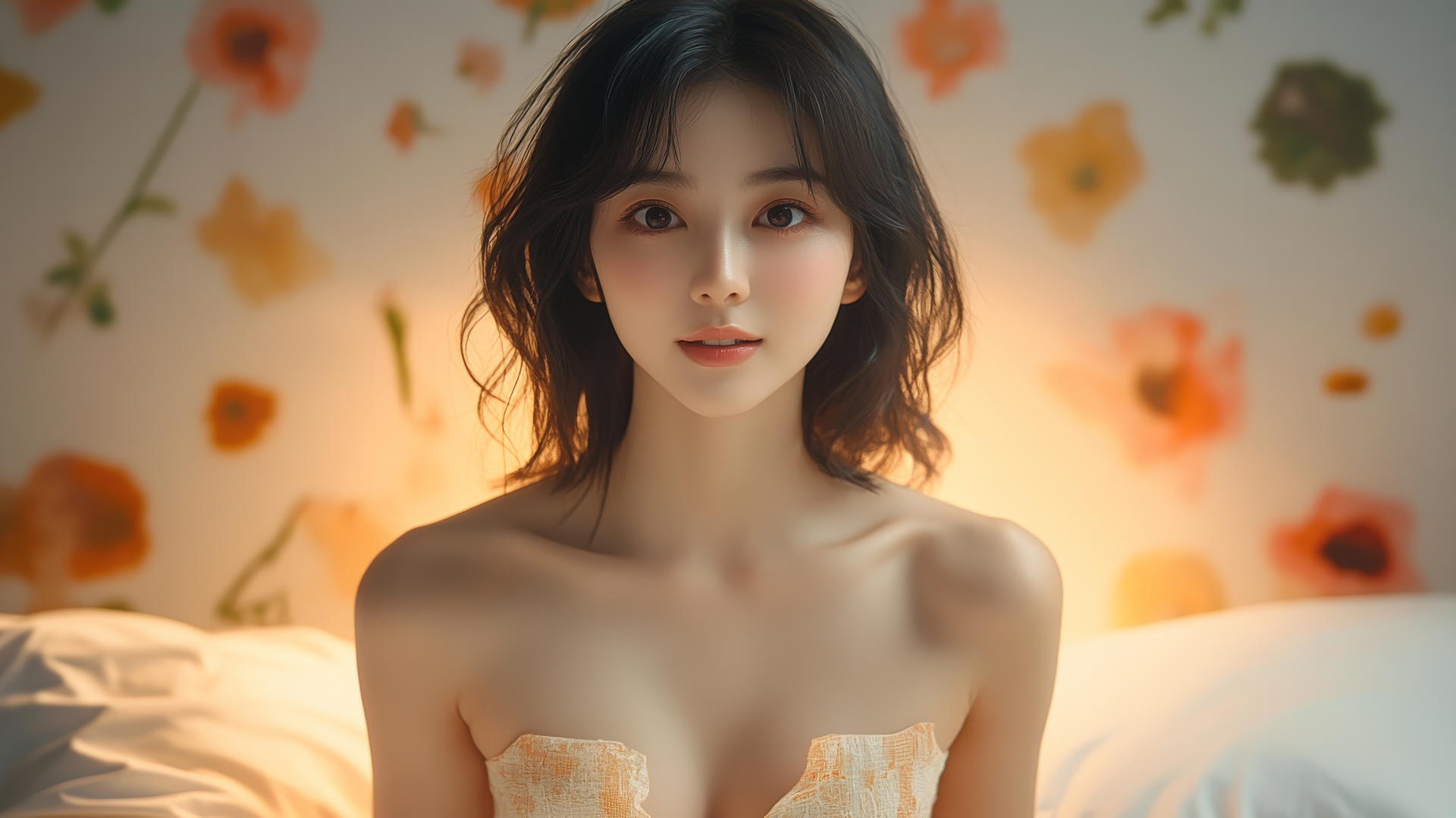 Top-down view of a smiling Vietnamese woman in bed wearing an Ao Dai