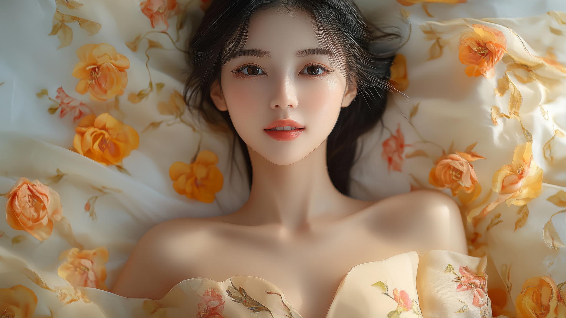 Top-down view of a smiling Vietnamese woman in a pink Ao Dai dress, in bed.