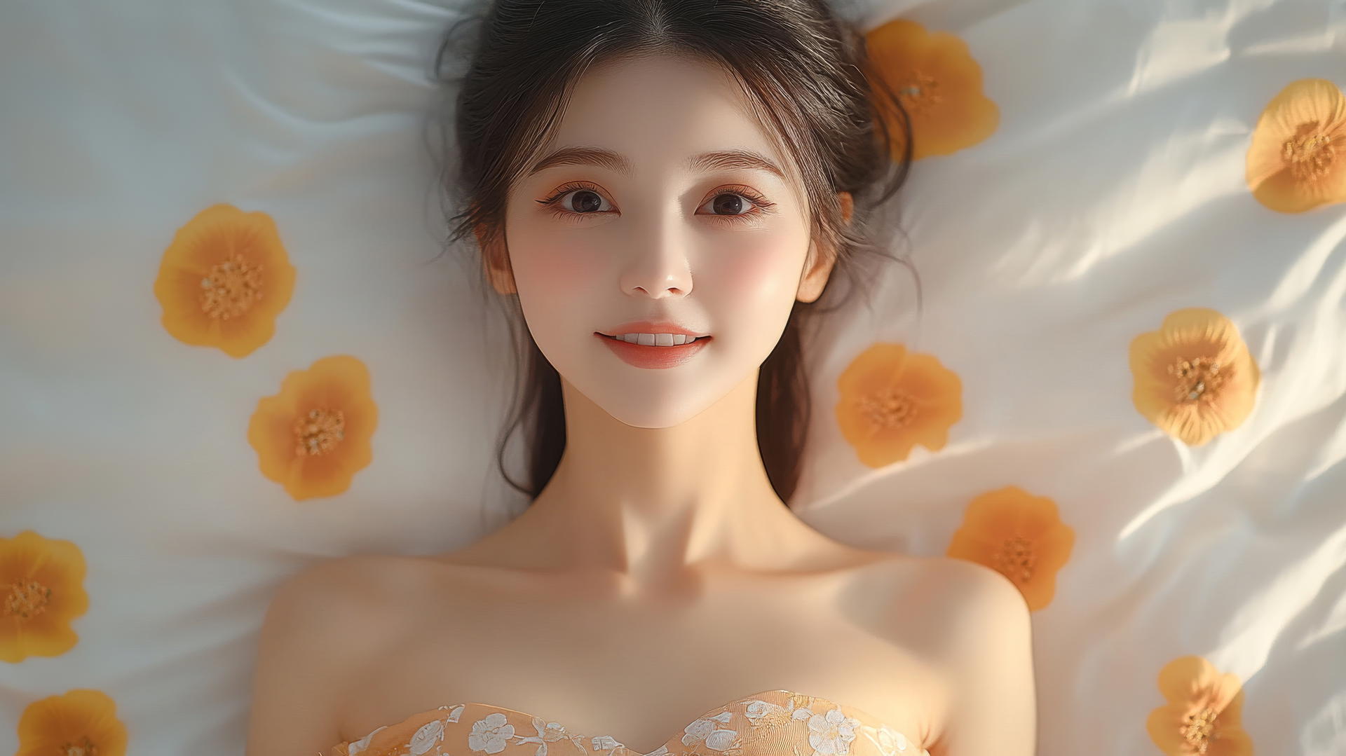 Top-down view of a smiling Vietnamese woman in Ao Dai dress on a bed.