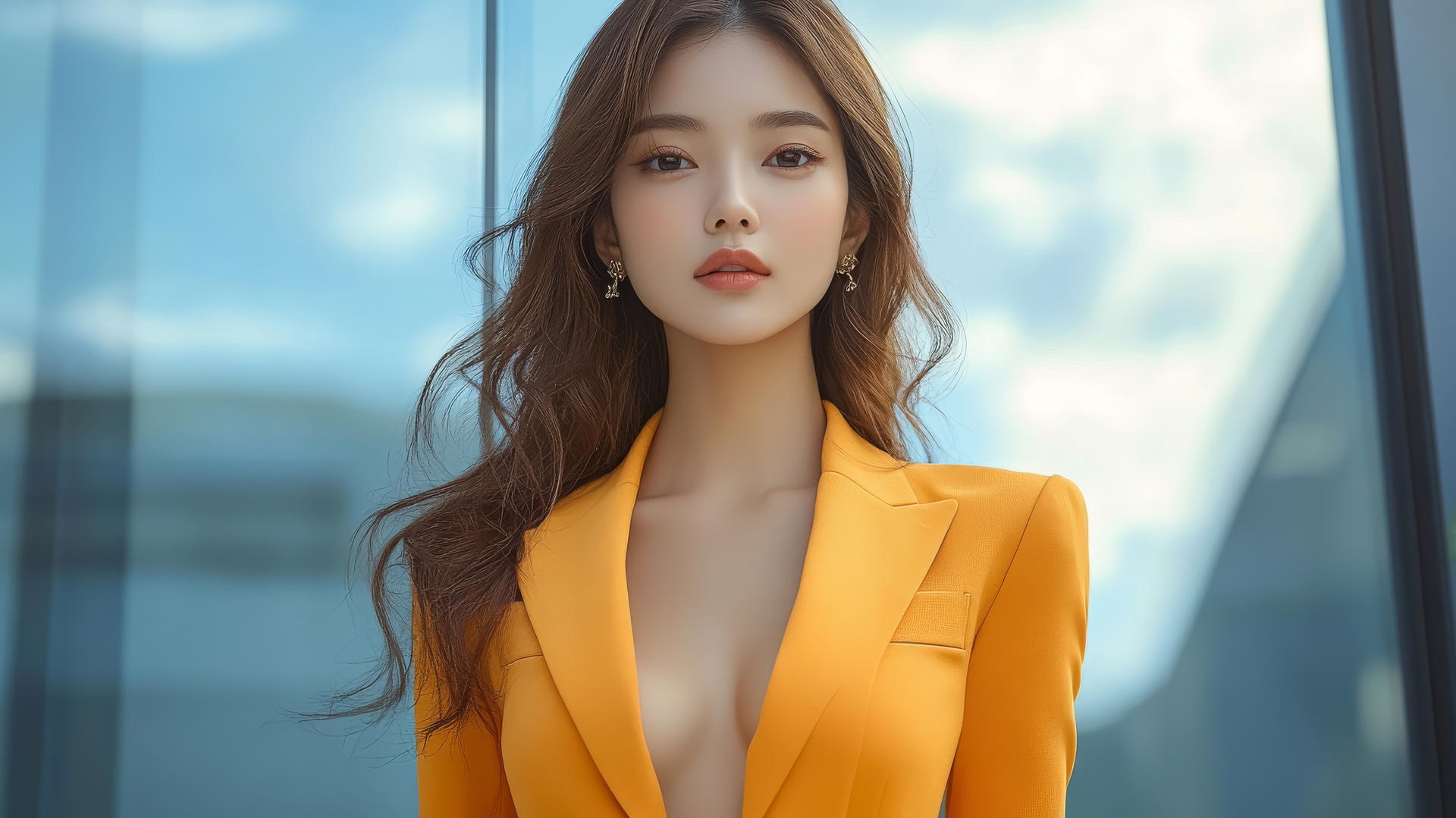 full body shot of beautiful Thai women in orange office suit against city background with clear sky