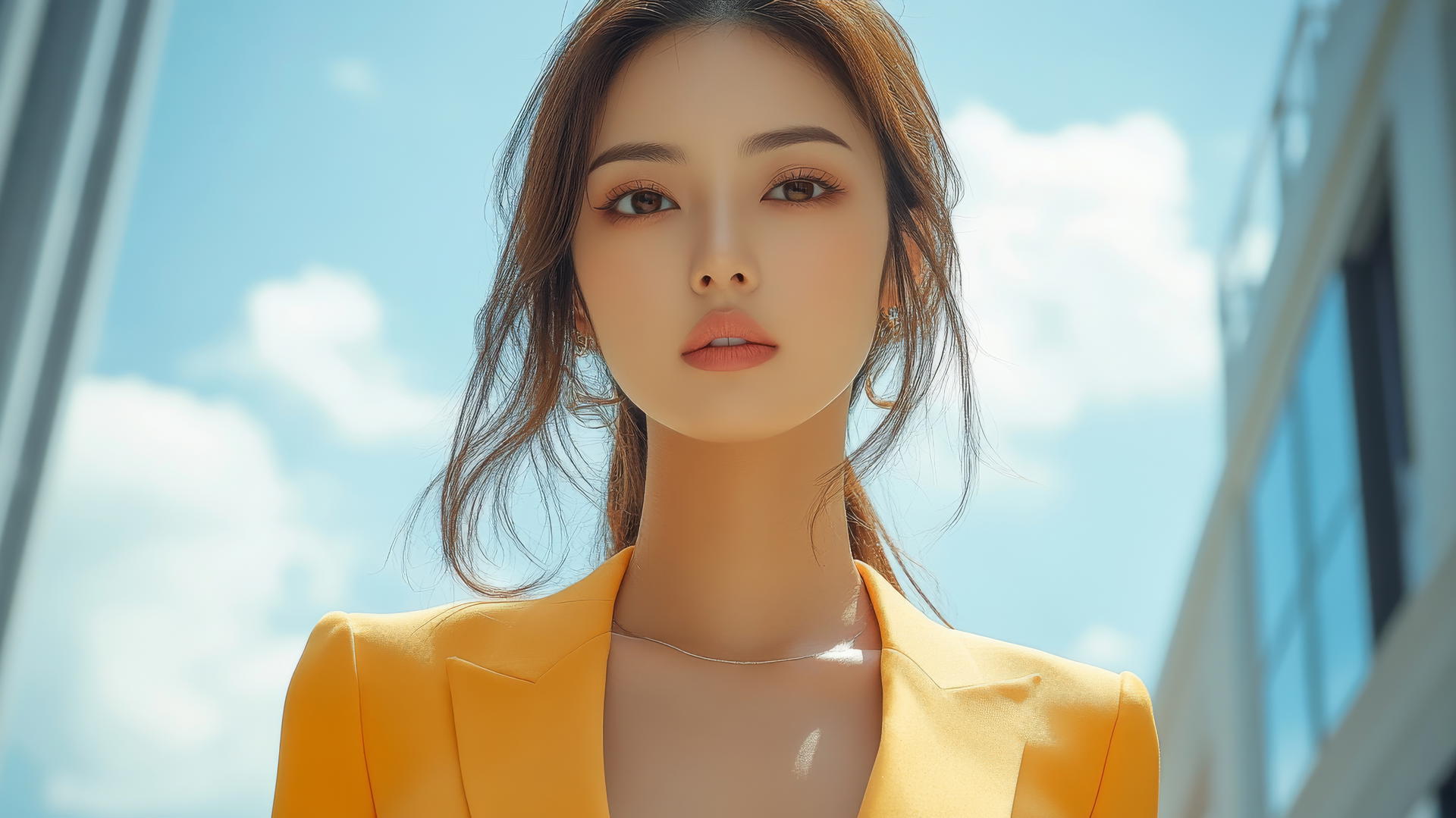 Full body shot of beautiful Thai women in orange office suit with city background