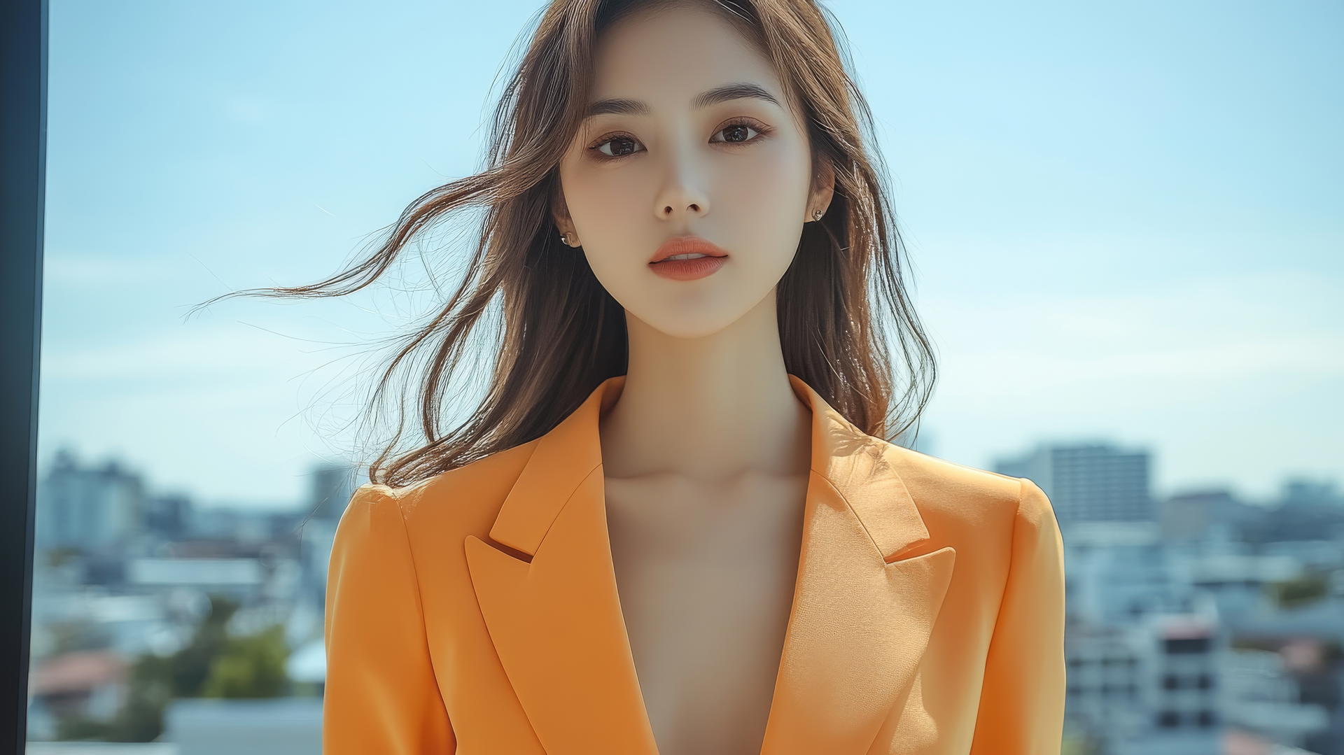Full body shot of beautiful Thai woman in an orange office suit against a city background and clear sky.