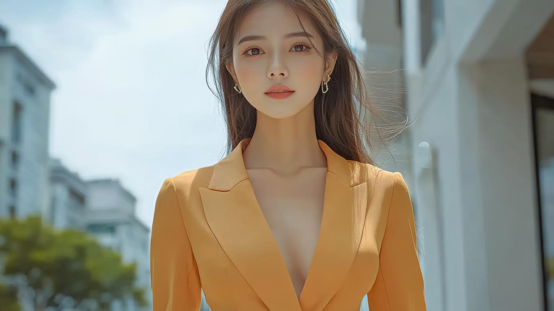 Thai women in orange office suits, with city background and clear sky.