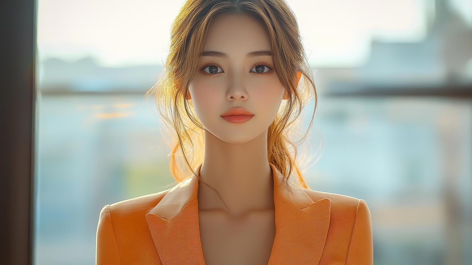 Beautiful Thai women in smart orange office suit with city background and clear sky