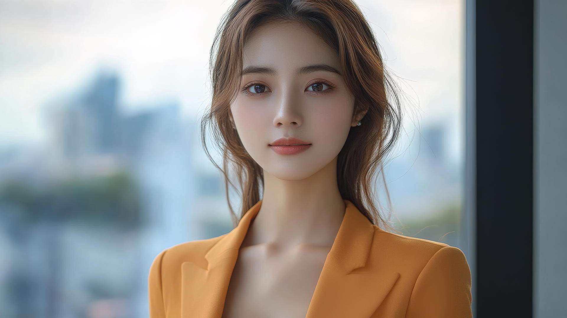 Elegant Thai women in orange office suits with cityscape and clear sky