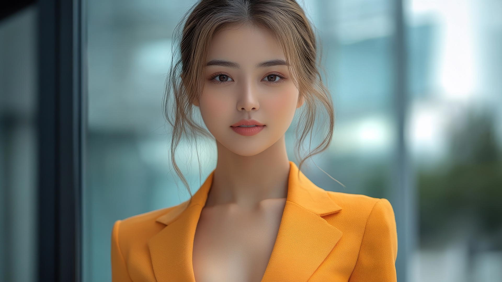 Thai women in orange office suit with city background and clear sky