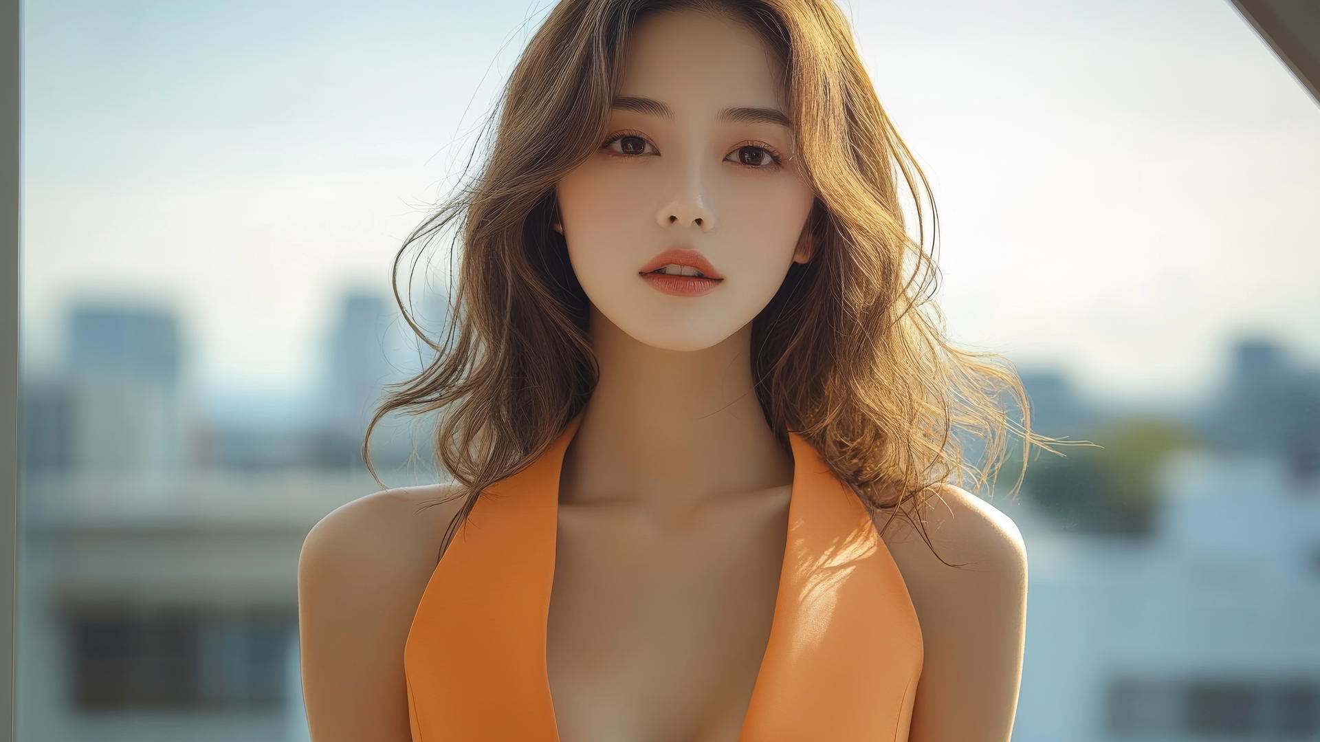 beautiful Thai women in orange office suit, city background, clear sky