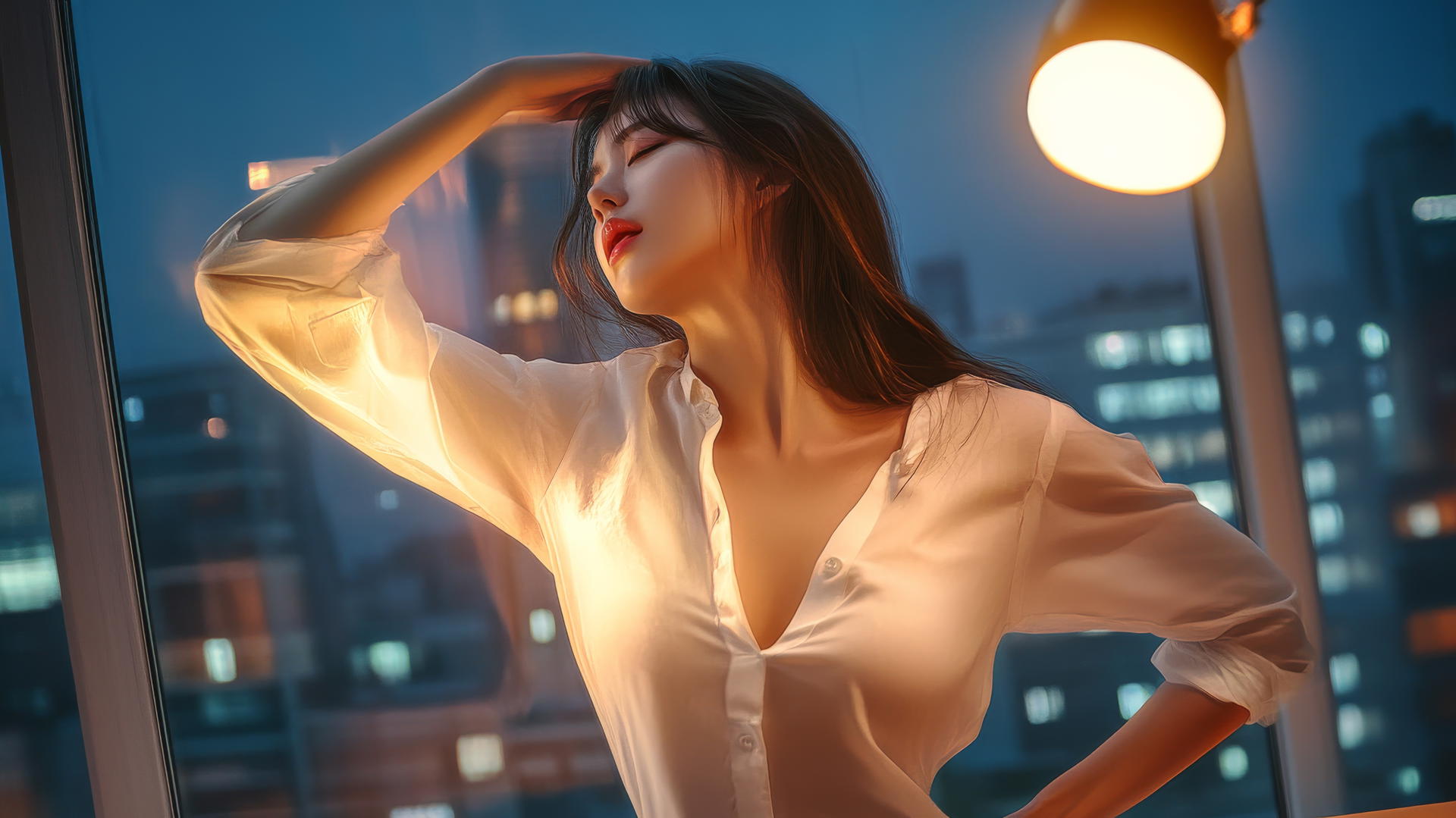 Side-angle view of a dancing Korean pop star girl in a broken white office shirt, lit by a desk lamp, with a nighttime cityscape through large glass windows.