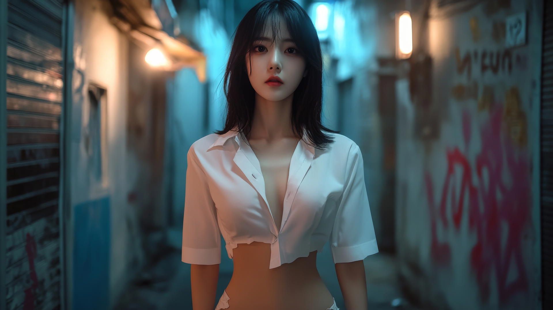 Korean pop star girl walking down a narrow alley at night with streetlights and graffiti-covered walls