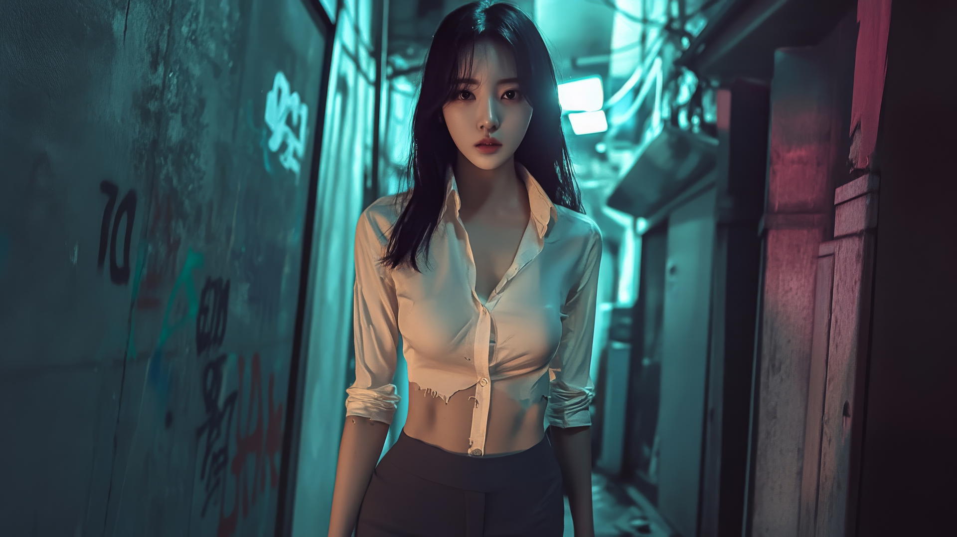 Korean pop star girl in a broken white office shirt walking in a graffiti-covered alley at night