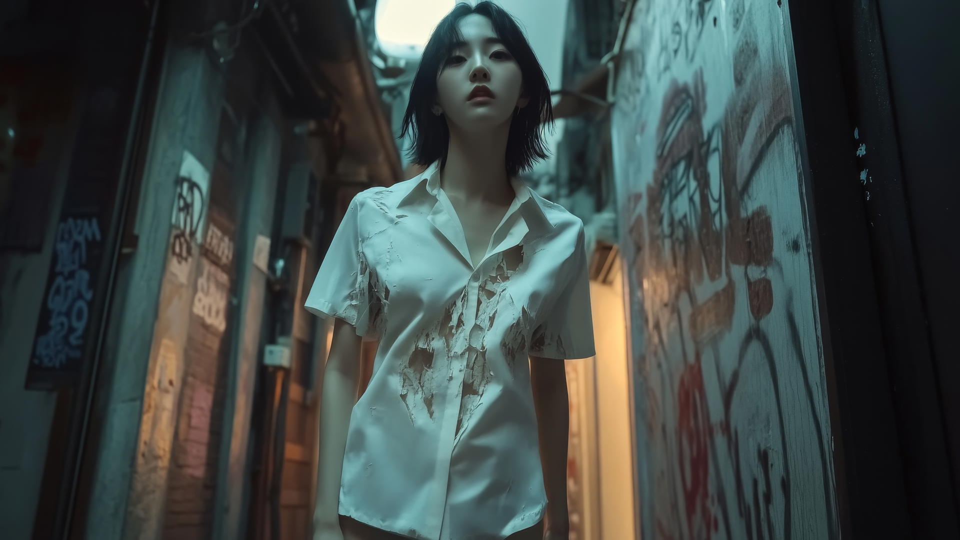Korean pop star girl in broken white office shirt walking down a narrow alley at night.