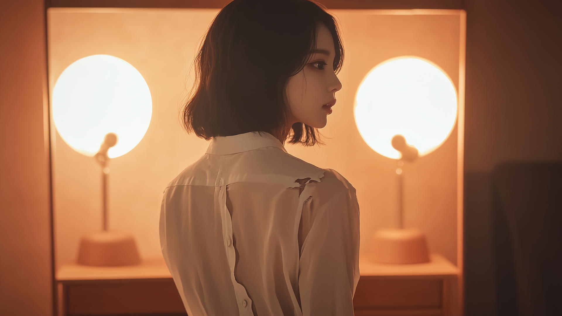 Korean pop star girl in a stylish dressing room, reflected in mirror