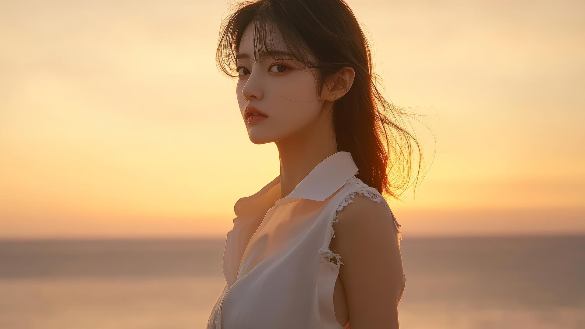 Profile of a Korean pop star girl in a broken white office shirt, sunset balcony, ocean horizon.