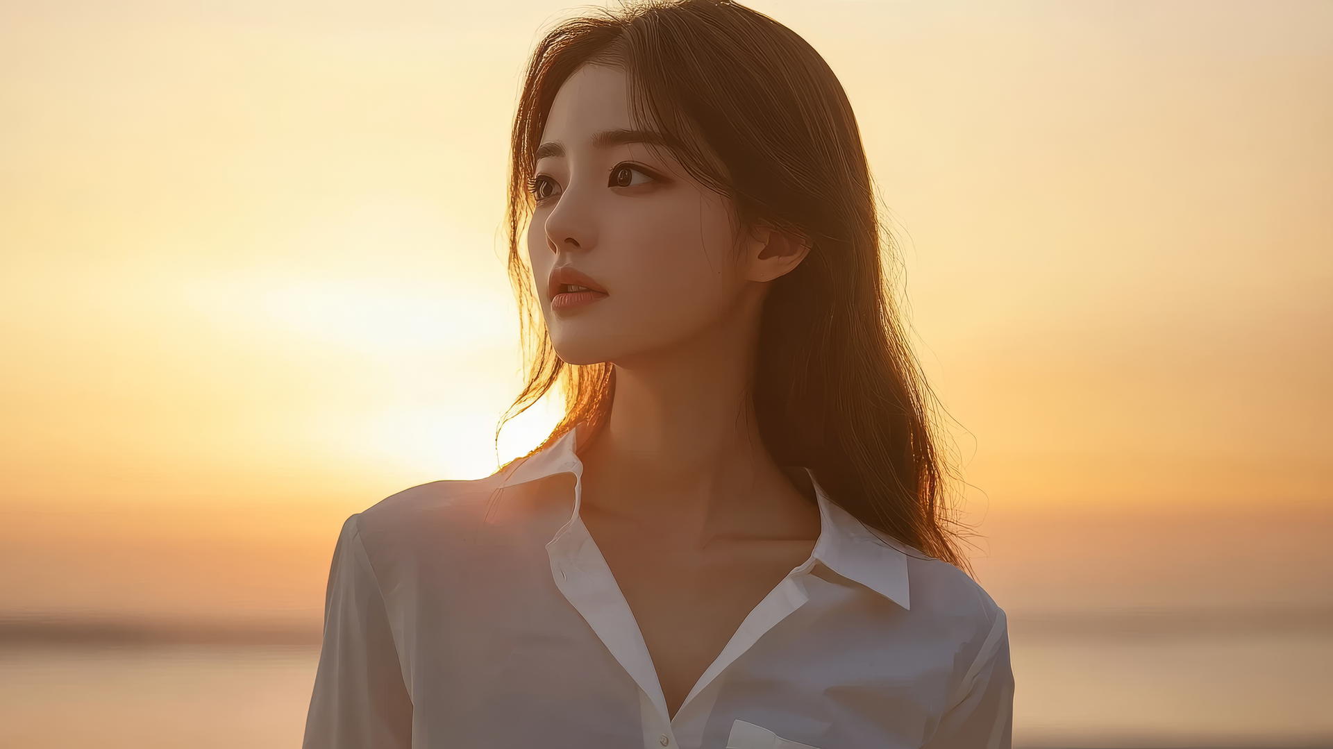 K-pop star girl in white shirt on balcony at sunset with orange sky and ocean