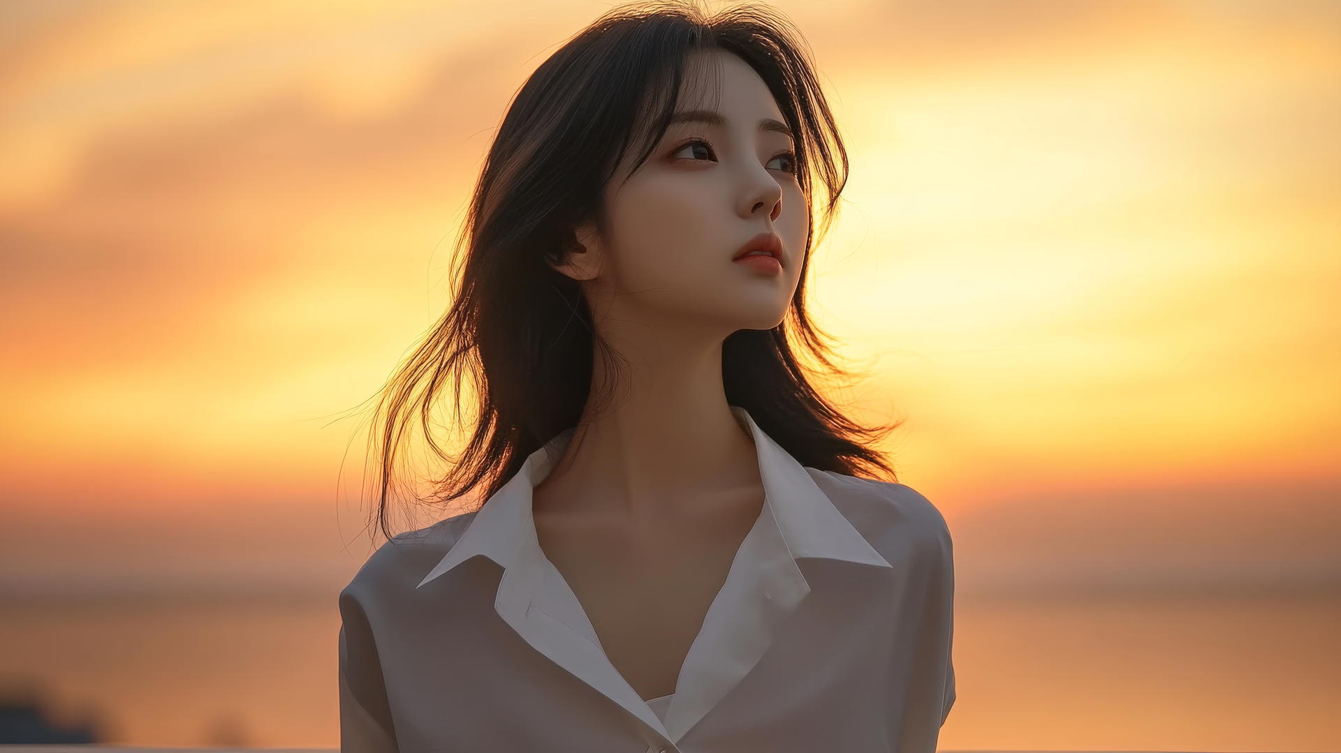 Korean pop star girl in a broken white office shirt at sunset on a balcony, gazing into the distance with ocean and orange sky background.