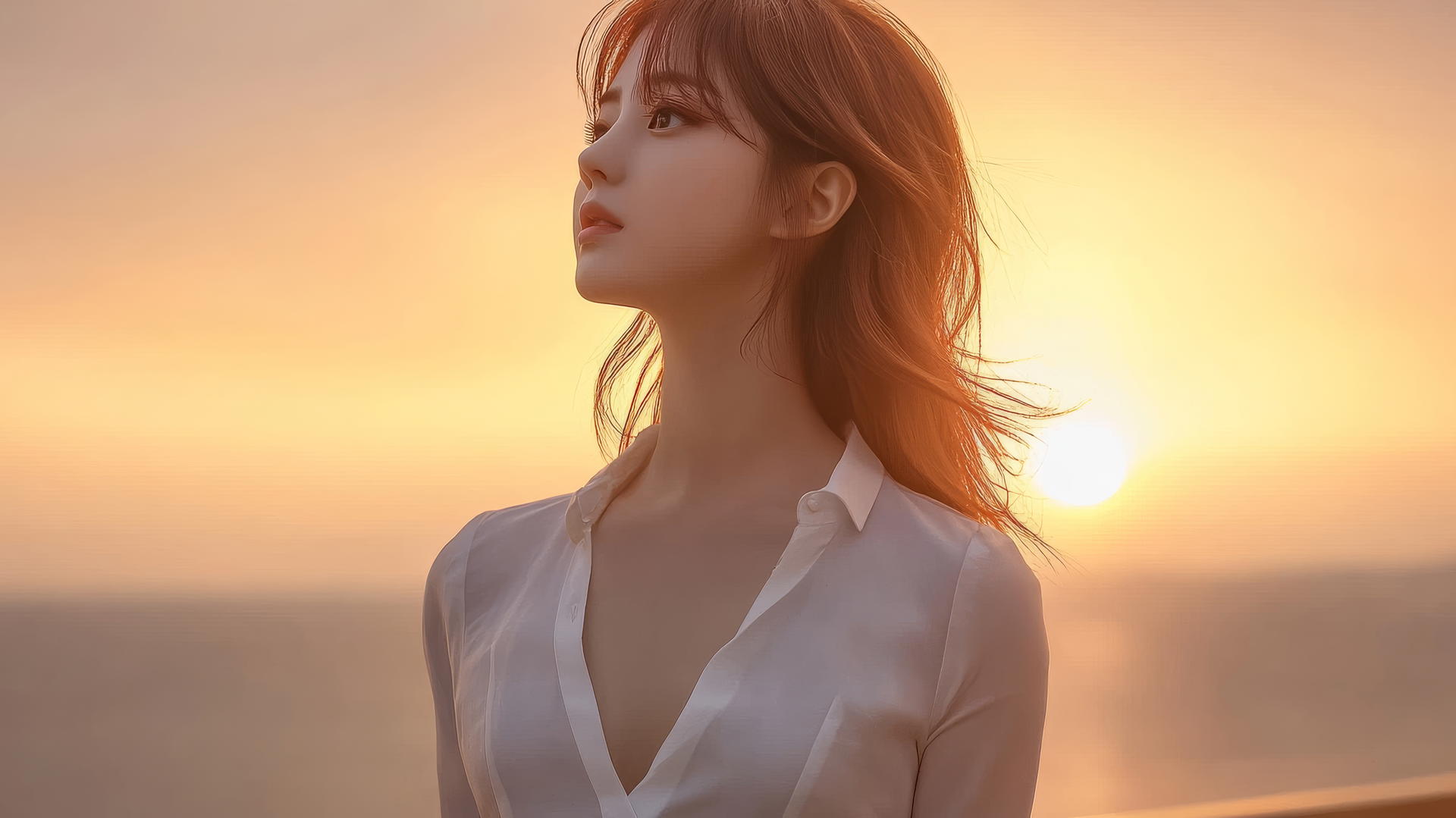 Close-up side profile of a Korean pop star girl in a broken white office shirt on a balcony at sunset.