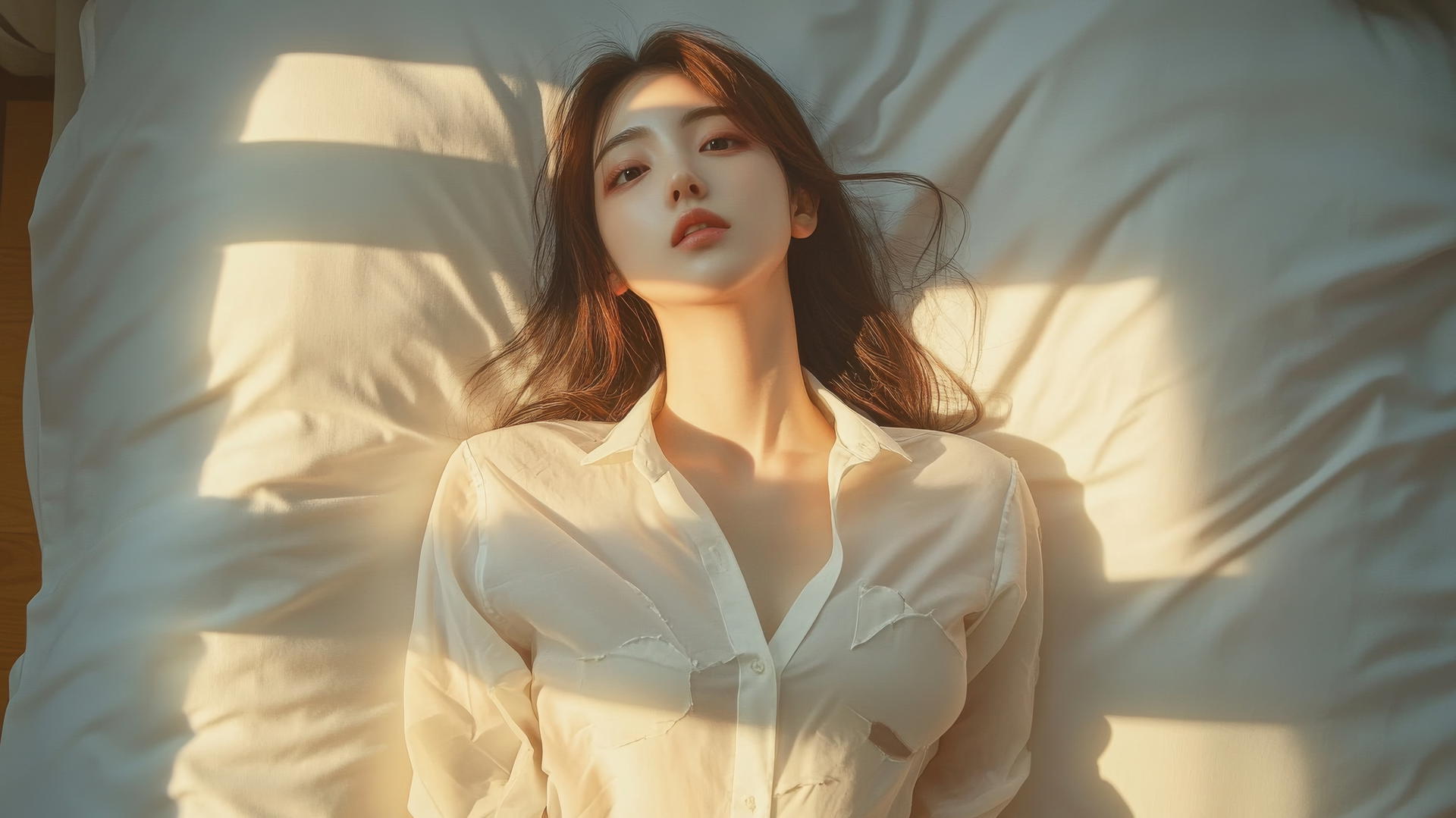 Aerial view of a Korean pop star girl in a minimalist bedroom wearing a broken white office shirt