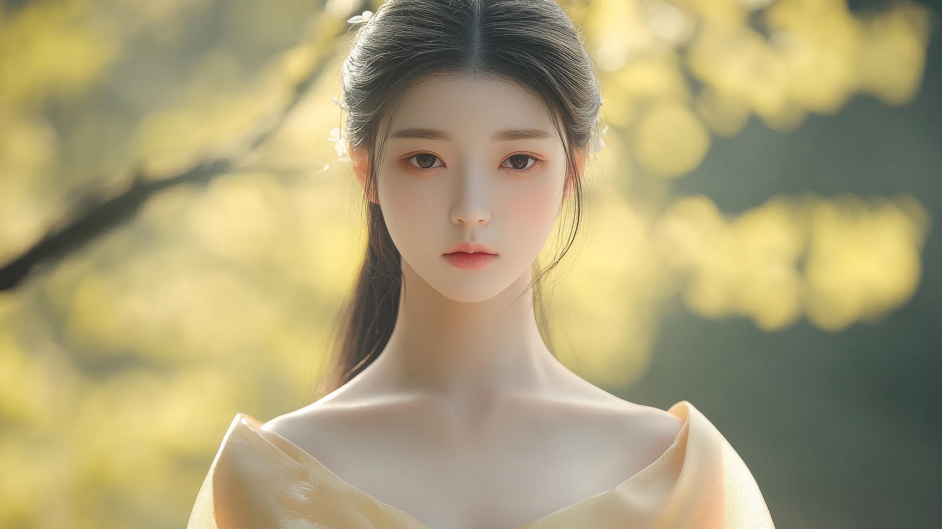 Liu Yi Fei portrait, serene expression, natural background.