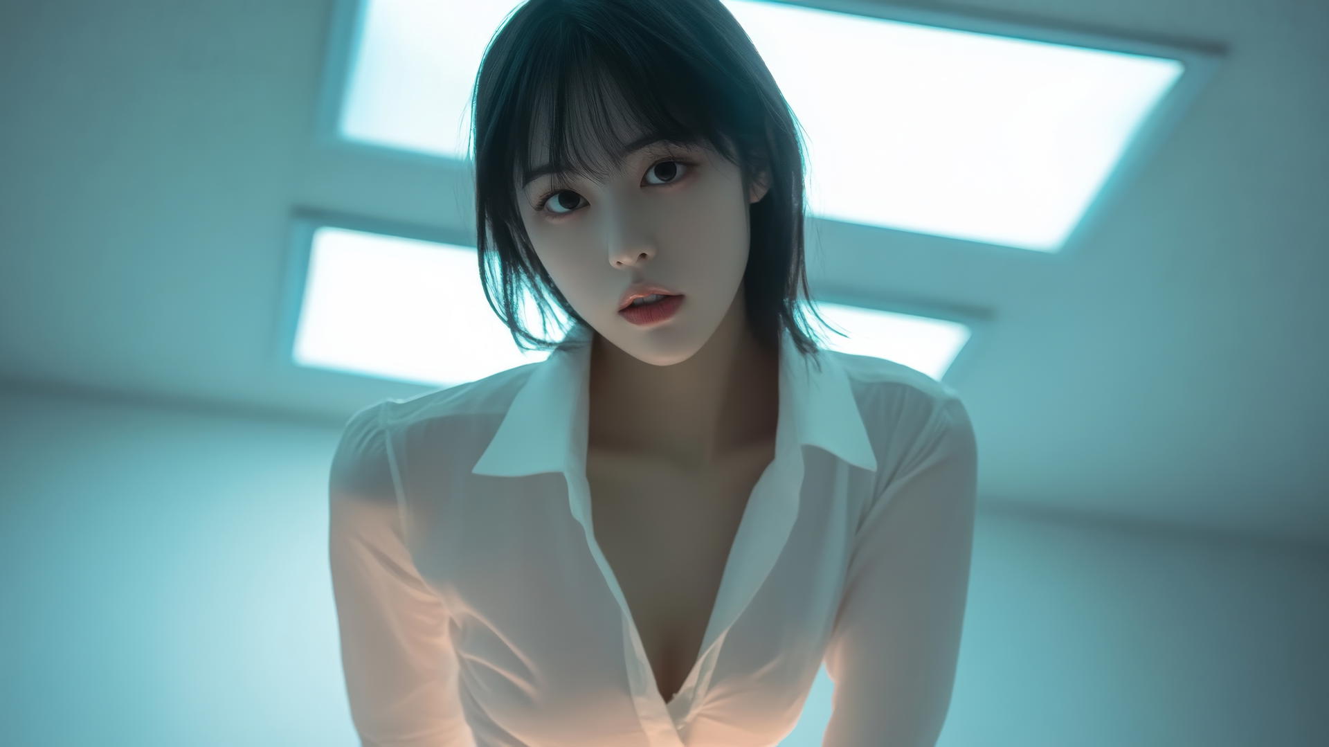 Korean pop star girl in white shirt kneeling under a ceiling with warm light