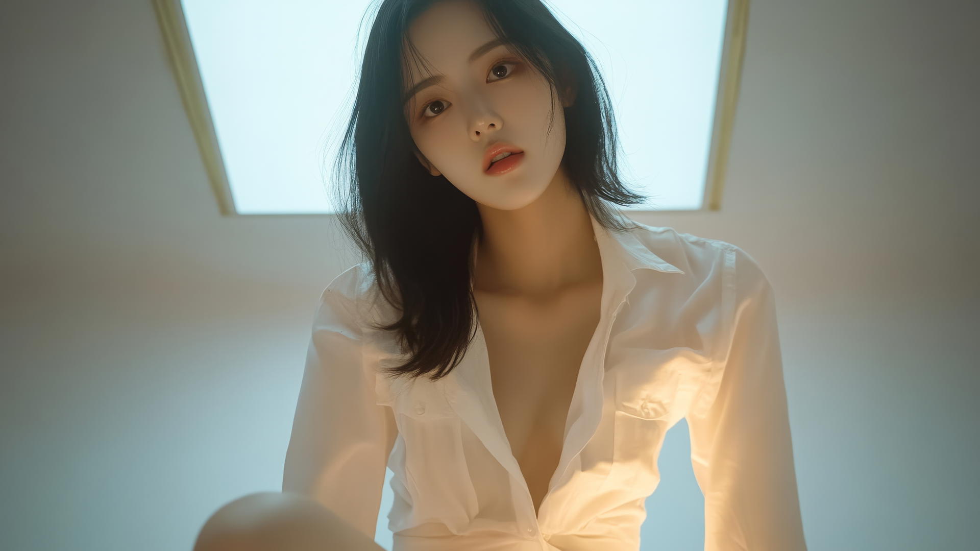 Korean pop star girl in broken white office shirt leaning and looking down, apartment ceiling in background