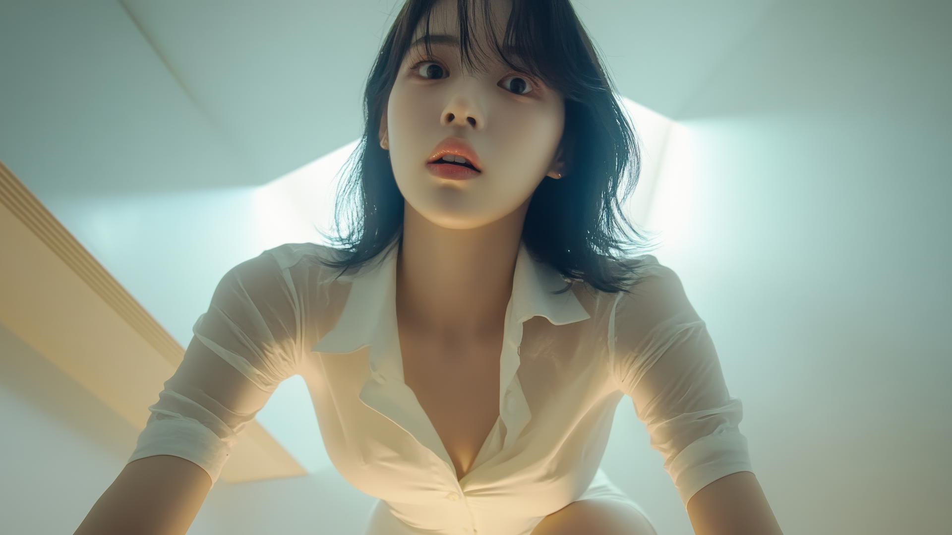 Korean pop star girl kneeling, wearing a broken white office shirt, with a warm light glow.