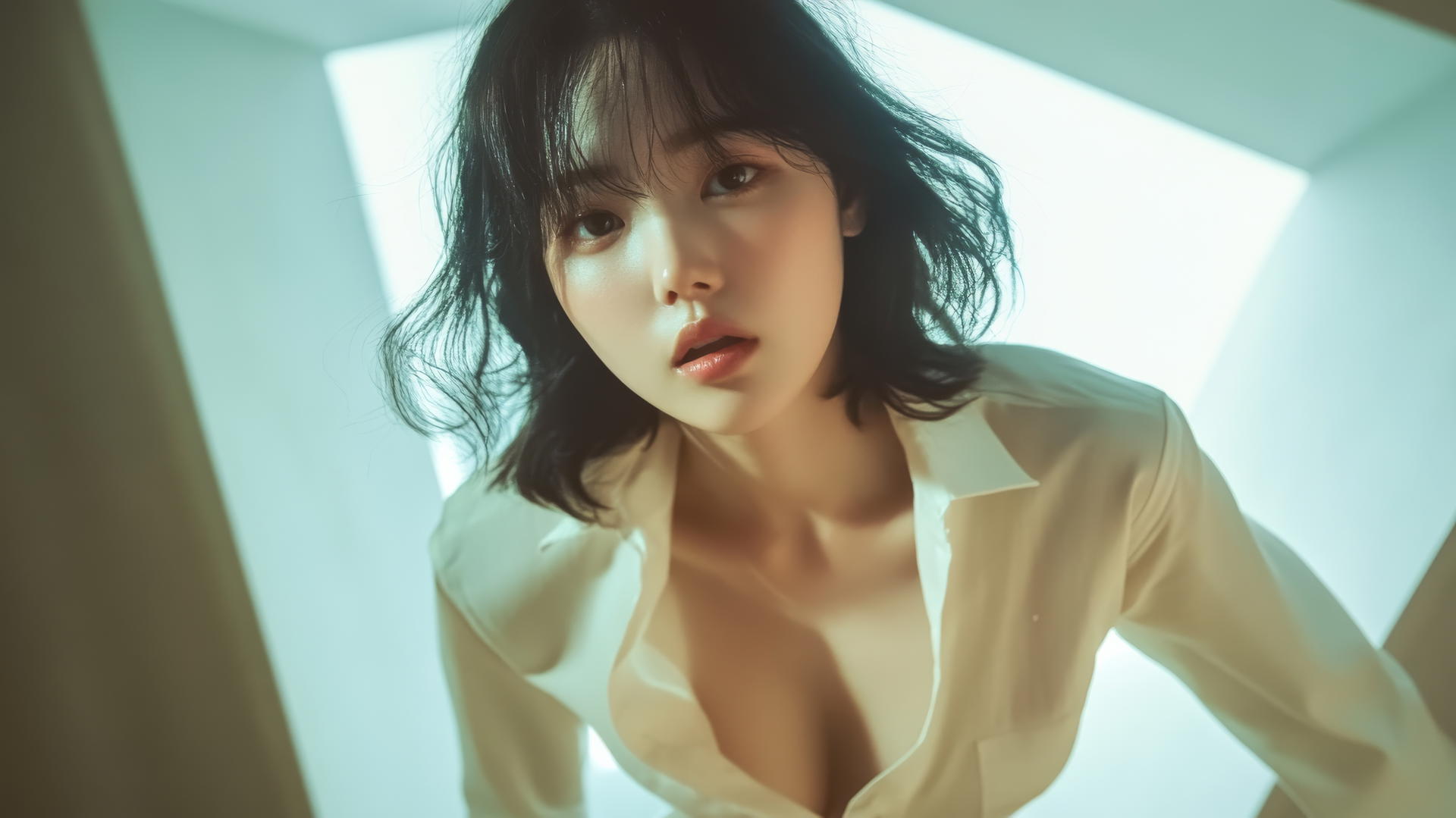Korean pop star in white shirt, leaning and looking down