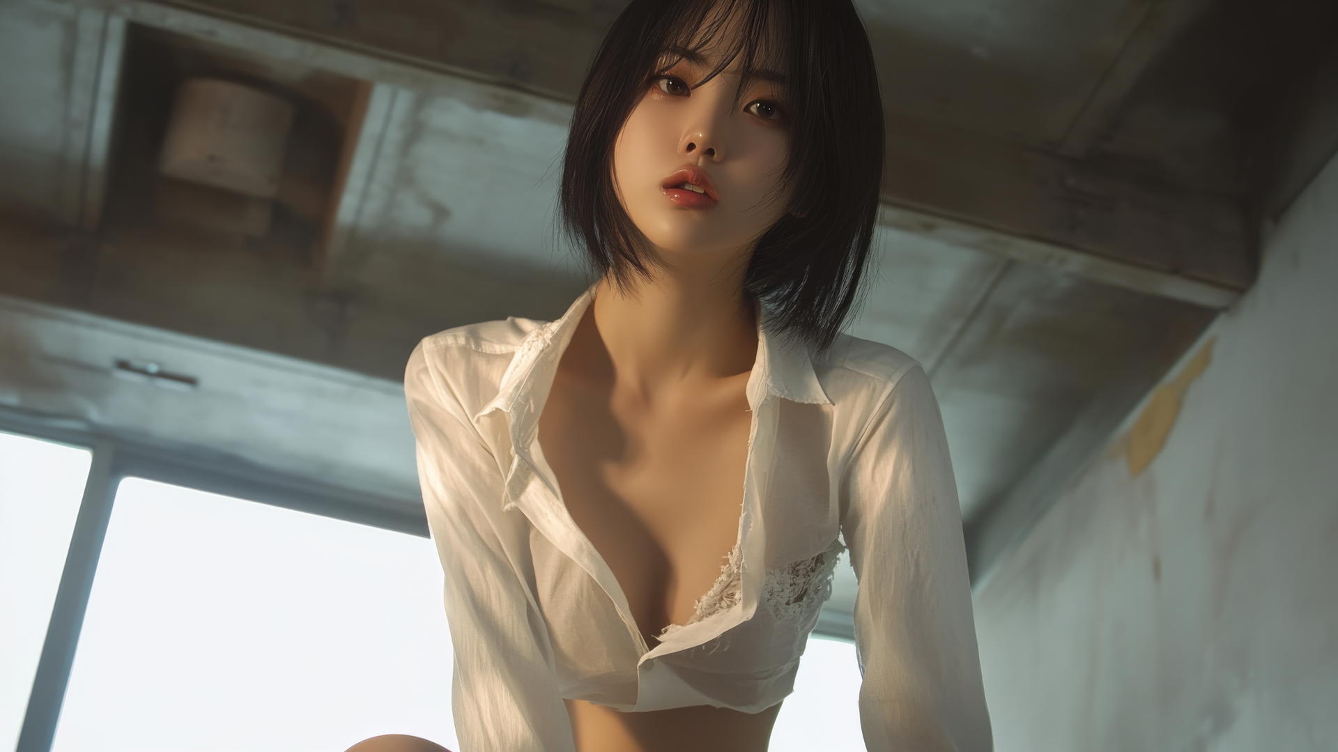 Korean pop star girl kneeling, wearing a broken white office shirt, warm light glow