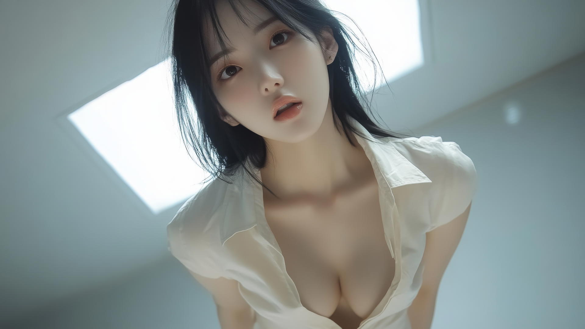 Korean pop star girl in a white shirt kneeling and looking down with a ceiling background.