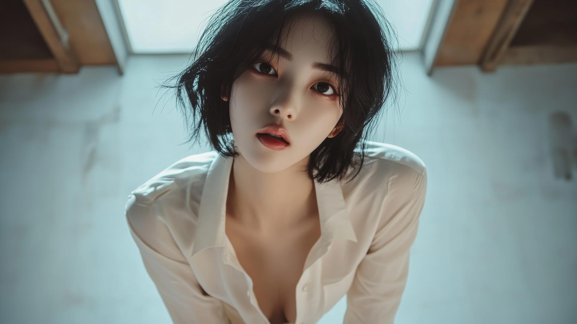 Korean pop star kneeling in a broken white office shirt with warm light casting a soft glow.