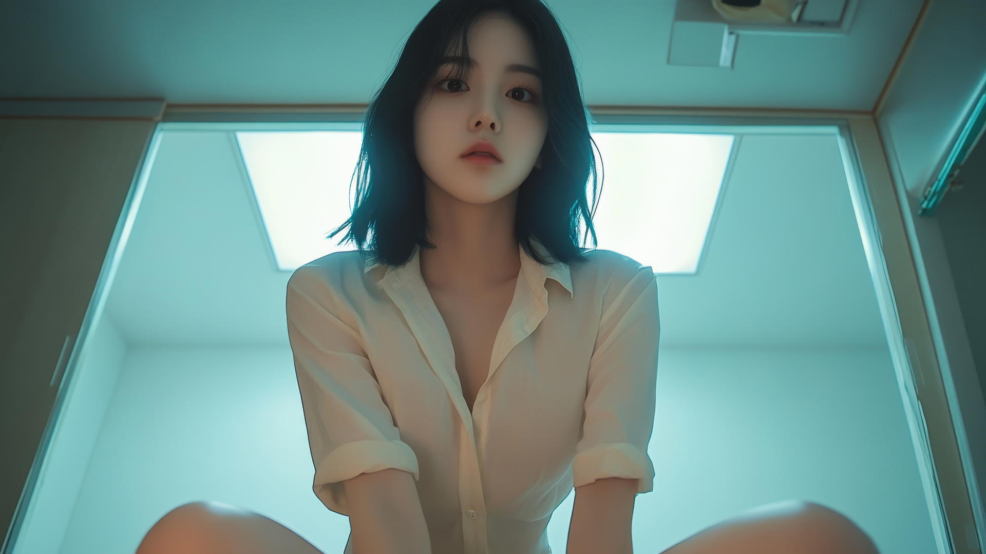 Korean pop star girl in broken white office shirt, viewed from below, against an apartment ceiling, with warm light glow.