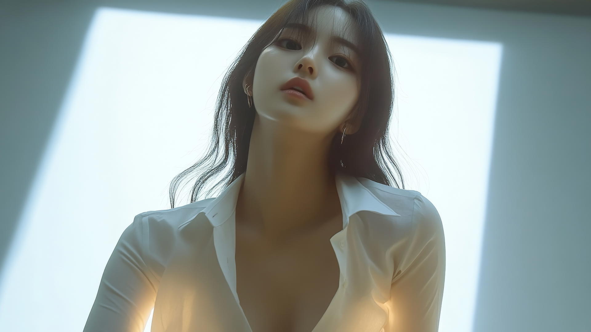 Korean pop star in broken white shirt, kneeling, with warm light and apartment ceiling background.