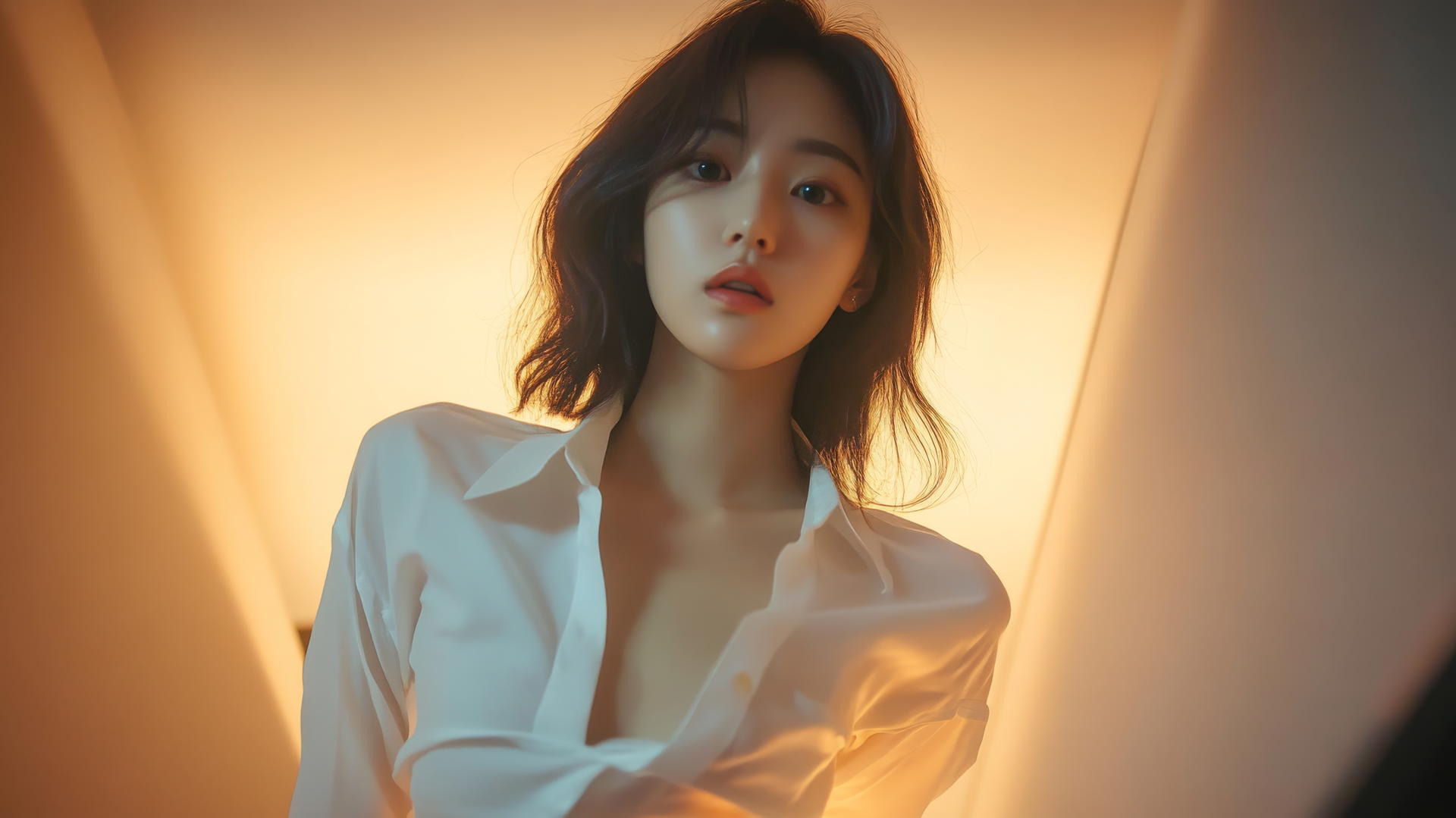 Korean pop star girl in white shirt with apartment ceiling background, leaning forward