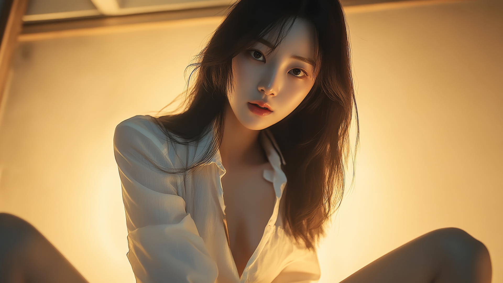 Korean pop star girl in white shirt under ceiling, kneeling and looking down.