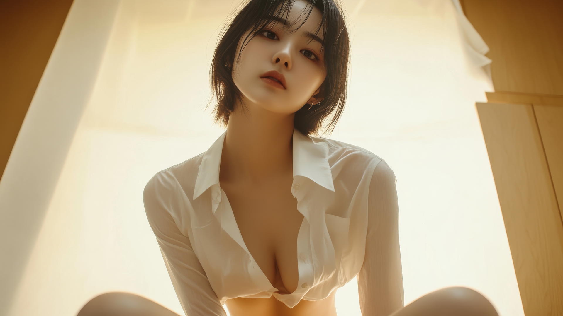 Korean pop star in a broken white office shirt kneeling and gazing down with soft glow lighting.