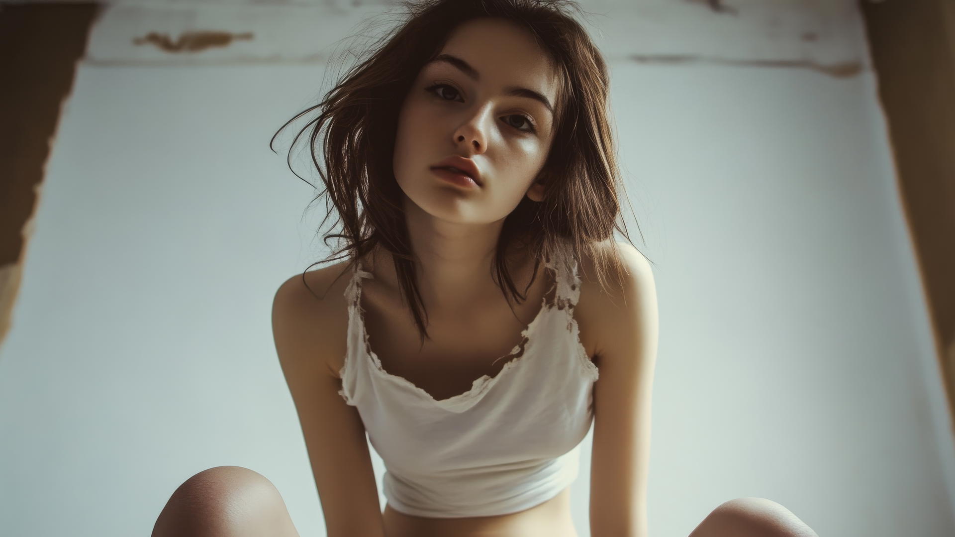 Girl in white shirt kneeling and looking down, apartment ceiling background