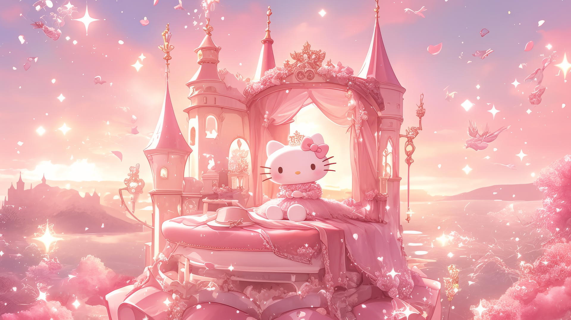 Pink Hello Kitty wallpaper featuring Hello Kitty as a princess in a pink castle.