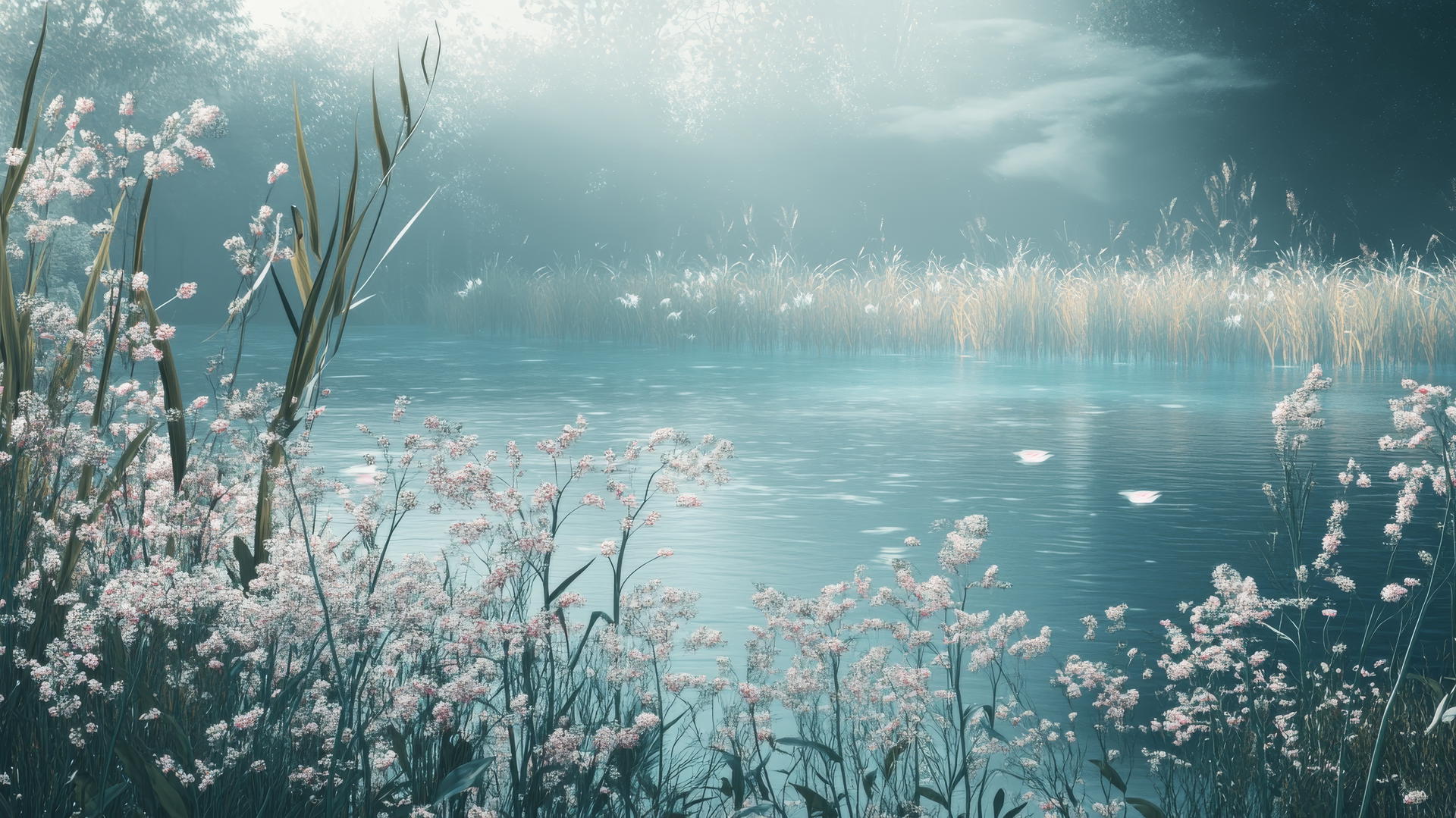 nature aesthetic wallpaper with serene lake and wildflowers