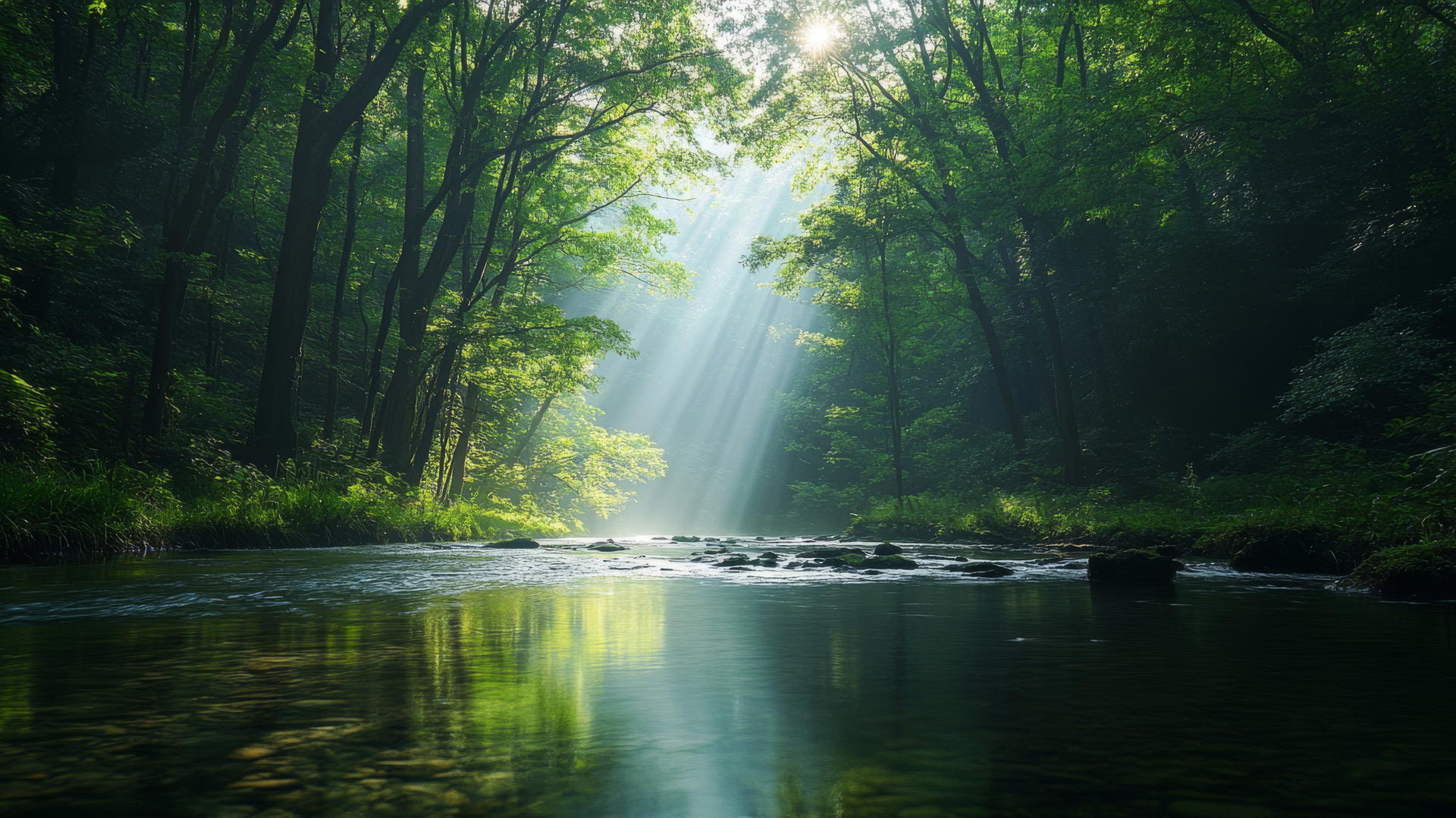 Nature aesthetic wallpaper with a peaceful river in a dense forest