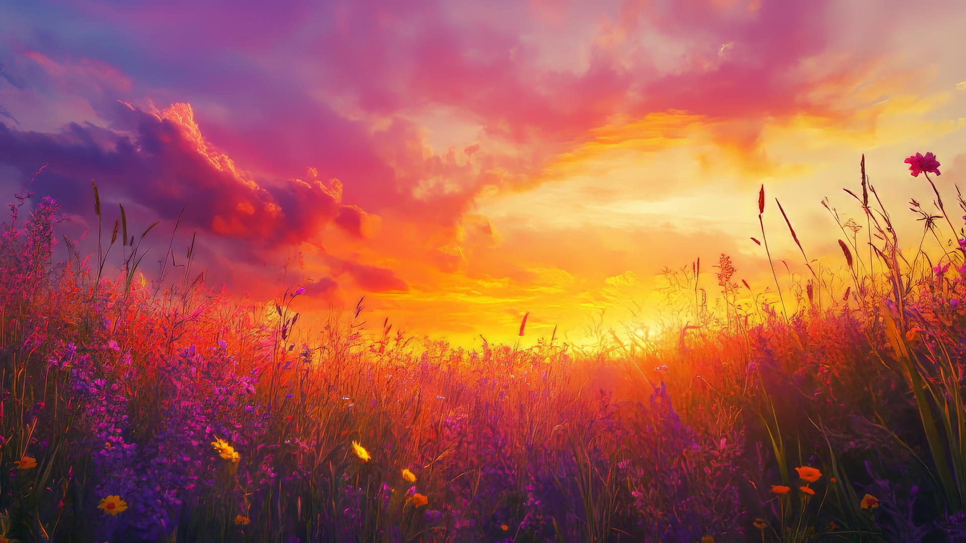 nature wallpaper with a colorful sunset over a serene meadow