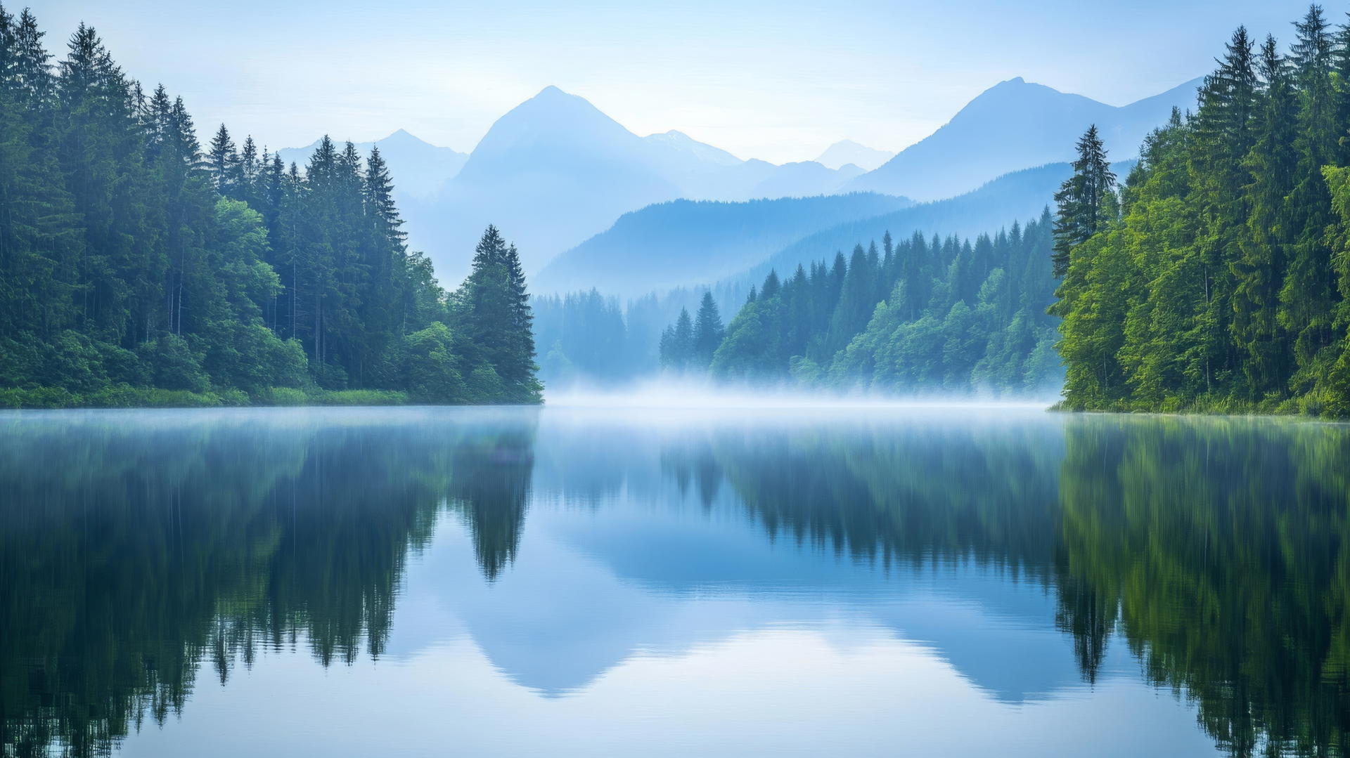 Nature wallpaper with a calm lake, dense pine forest, morning mist, and distant mountains.
