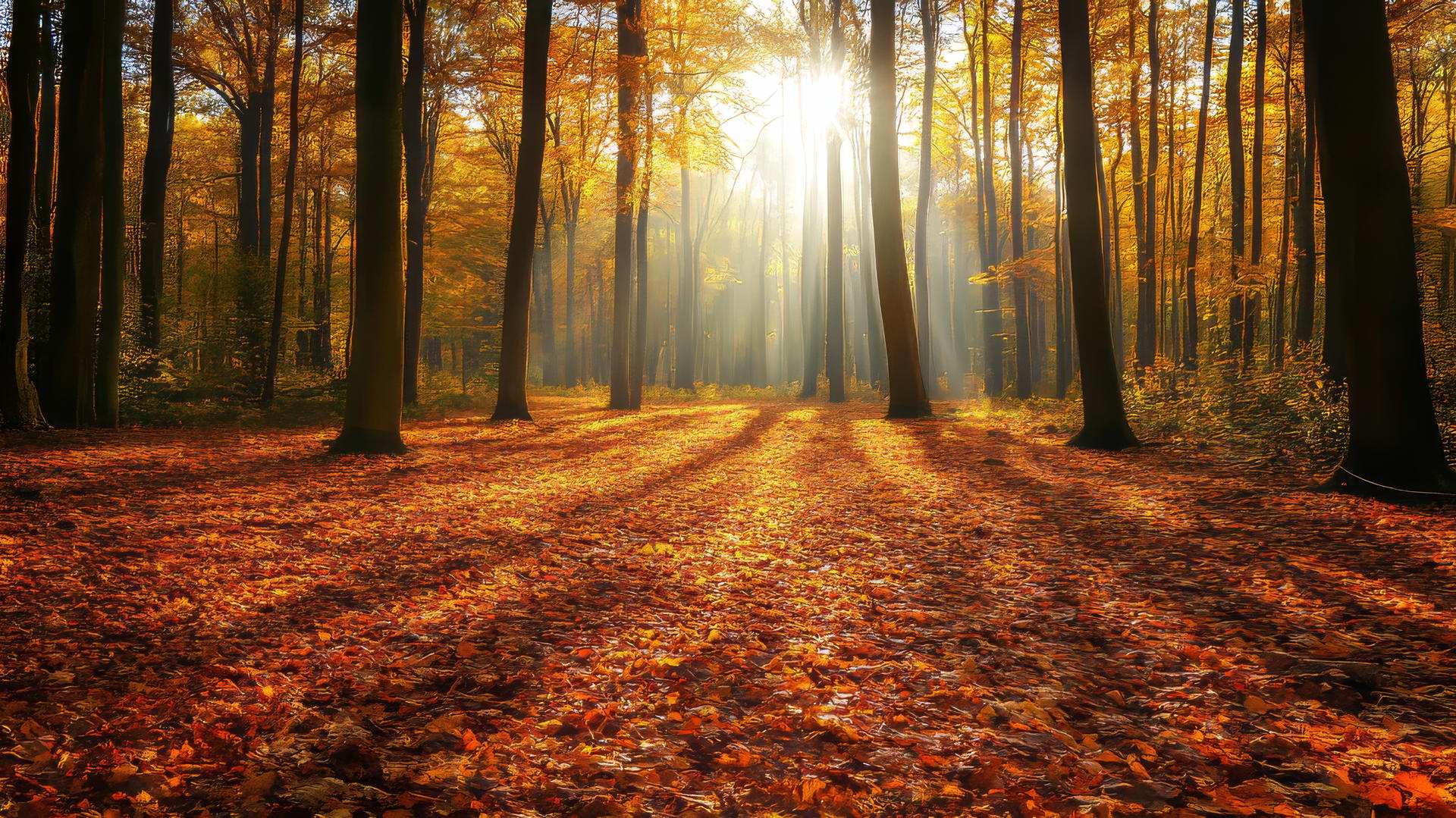 A vibrant autumn forest with golden leaves and sunlight filtering through trees, nature wallpaper