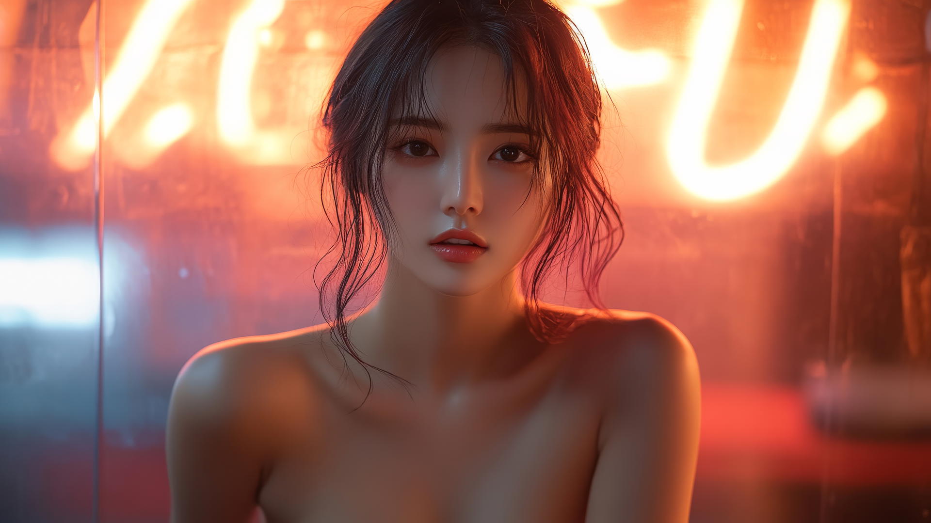 Asian fashion model kneeling, looking down, smiling, pink skin, black socks