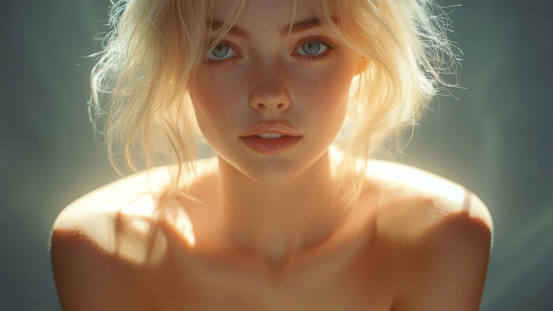 A serene girl with smooth pink skin kneels, looking down and smiling, in a dark theme.