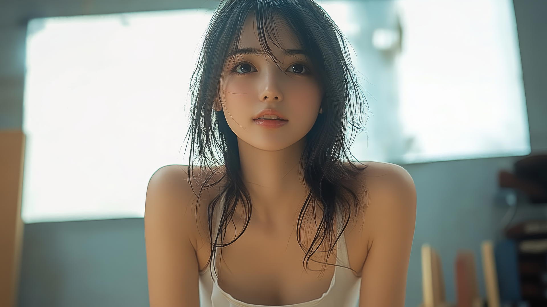 isolated shot of an Asian girl kneeling and looking down, smiling.
