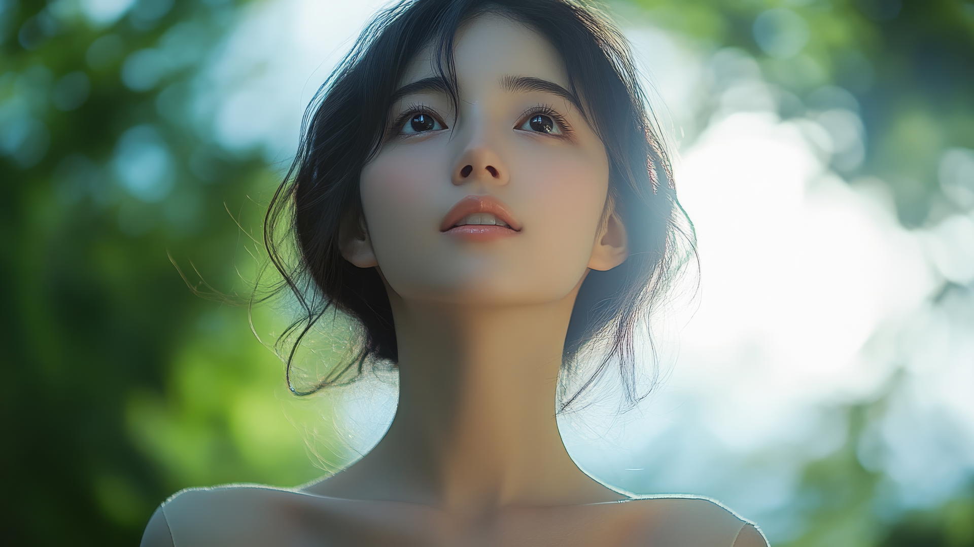 Beautiful Asian girl kneeling, looking down with a smile, seen from below.
