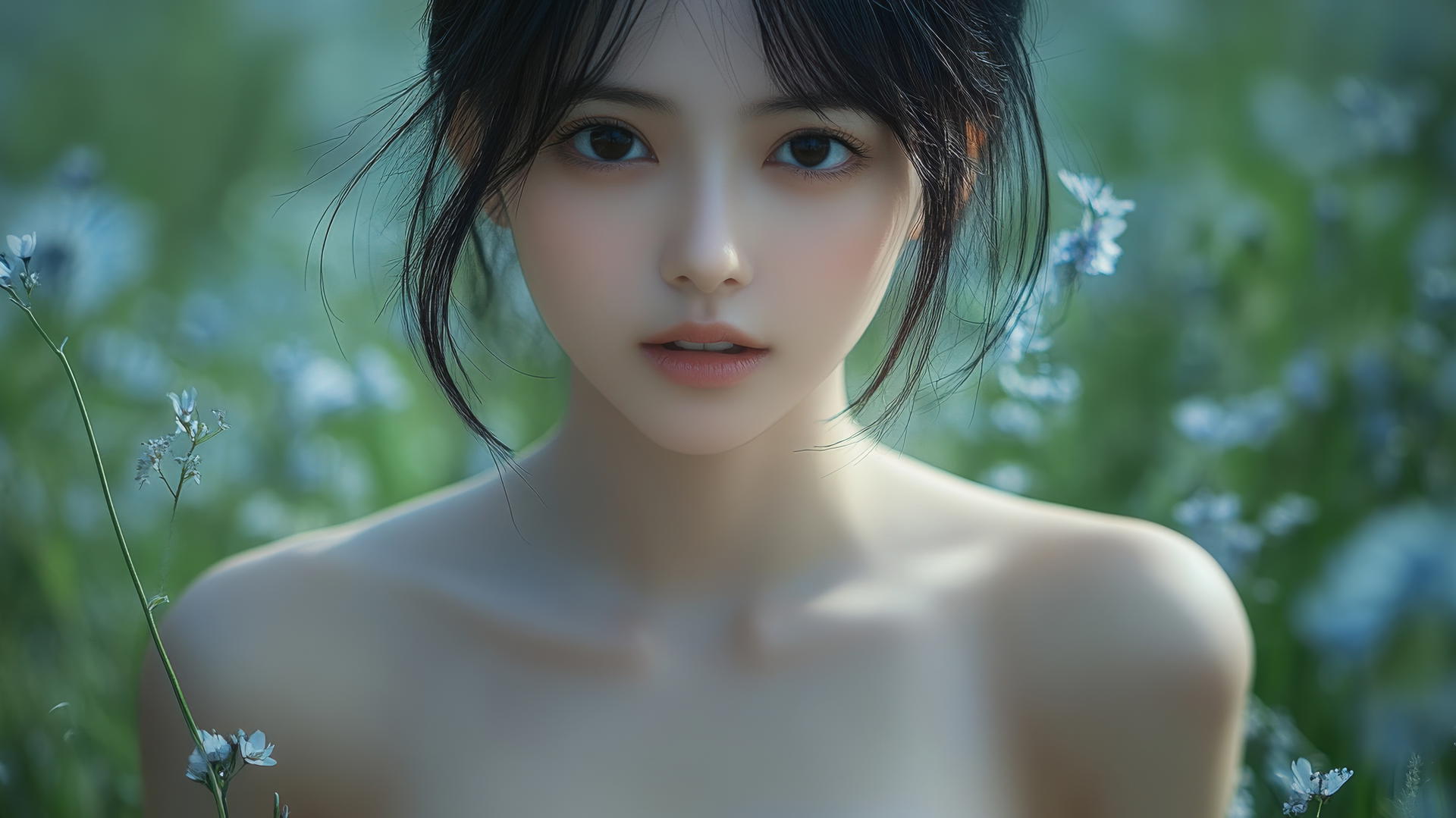 isolated shot of a beautiful Asian girl kneeling and smiling down, seen from below