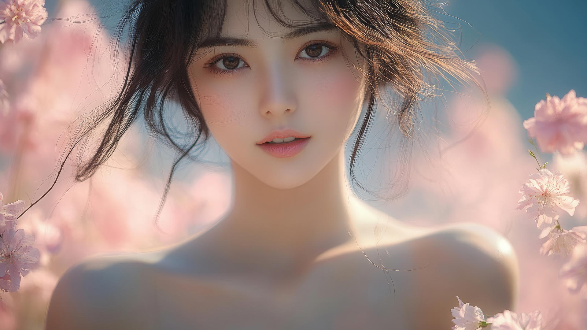 Isolated shot of a serene Asian girl kneeling, looking down with a smile, smooth pink skin
