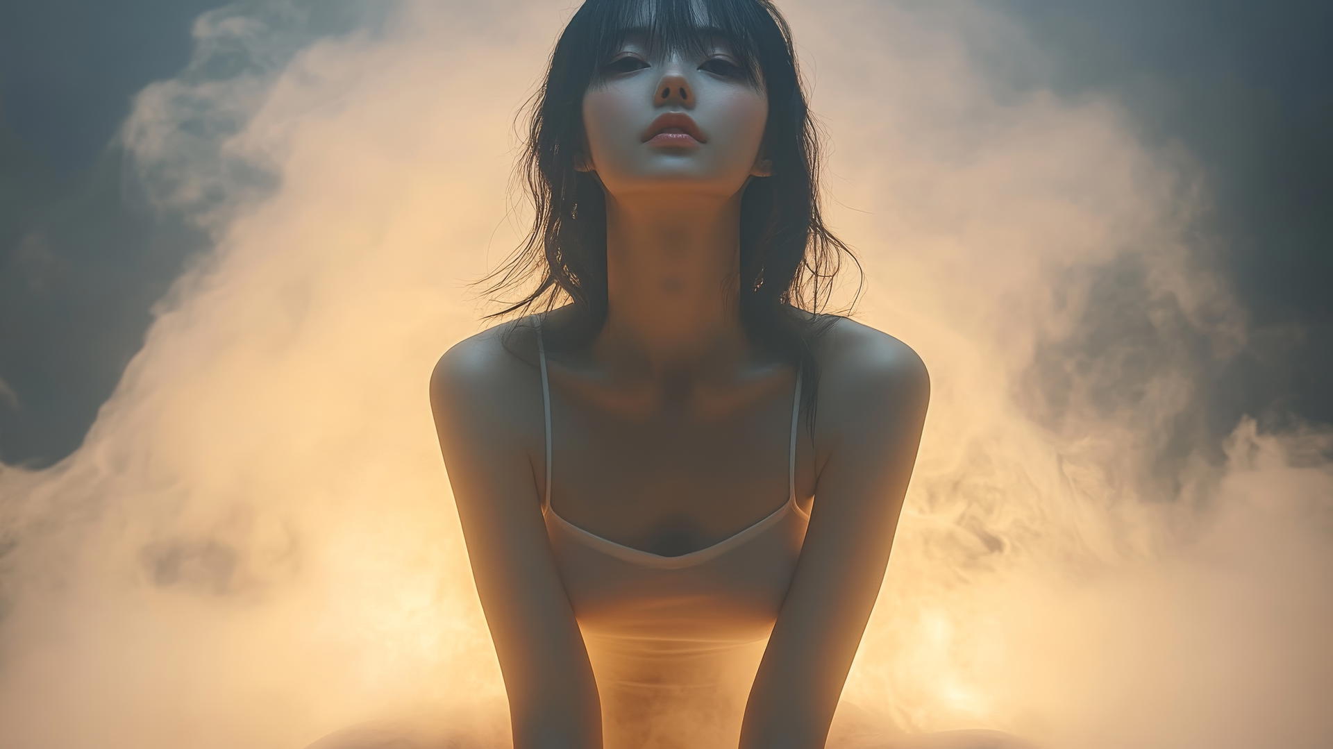 Below view of an Asian girl kneeling, looking down, with smooth pink skin and a focus on the waist
